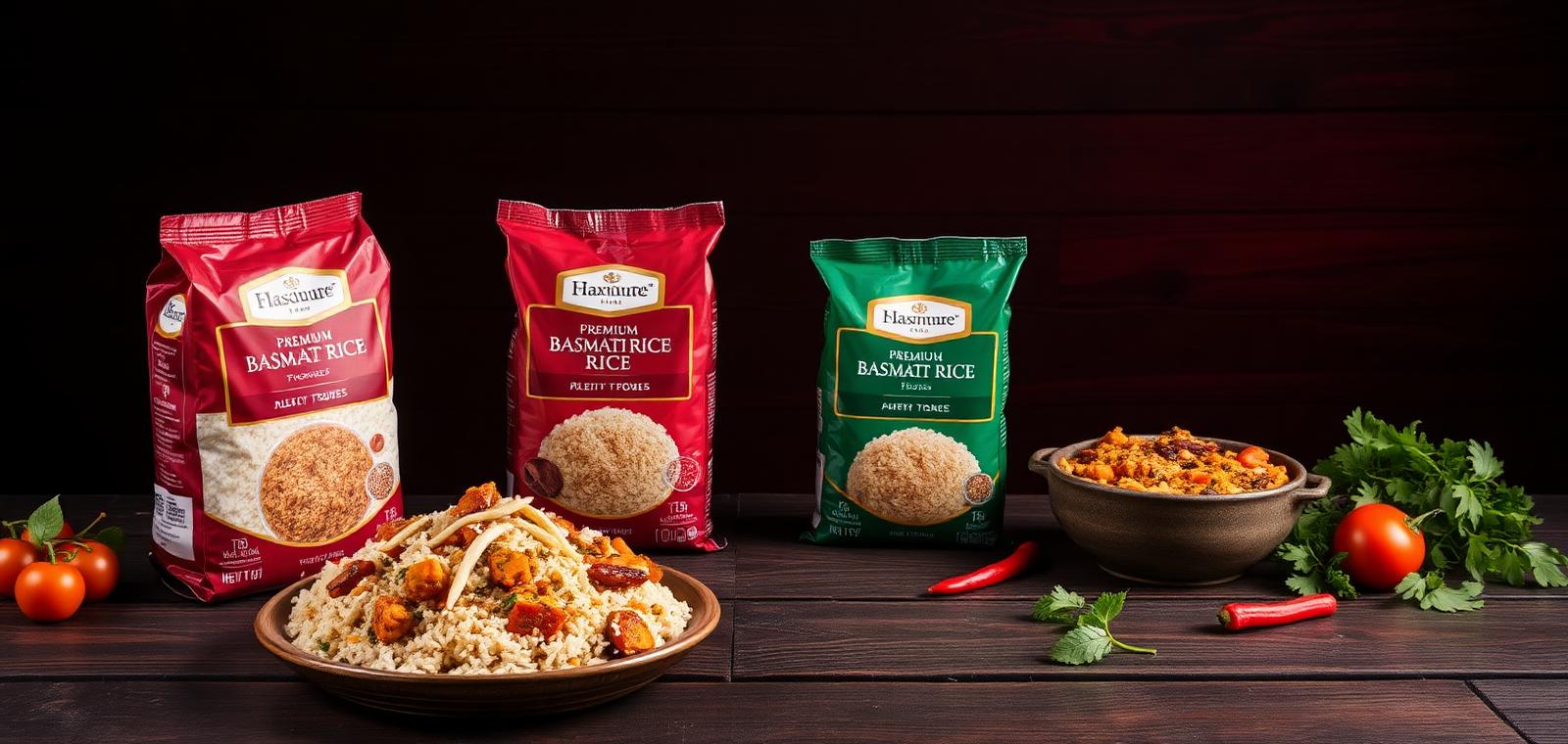 Maharani basmati rice packs with cooked rice and fresh vegetables