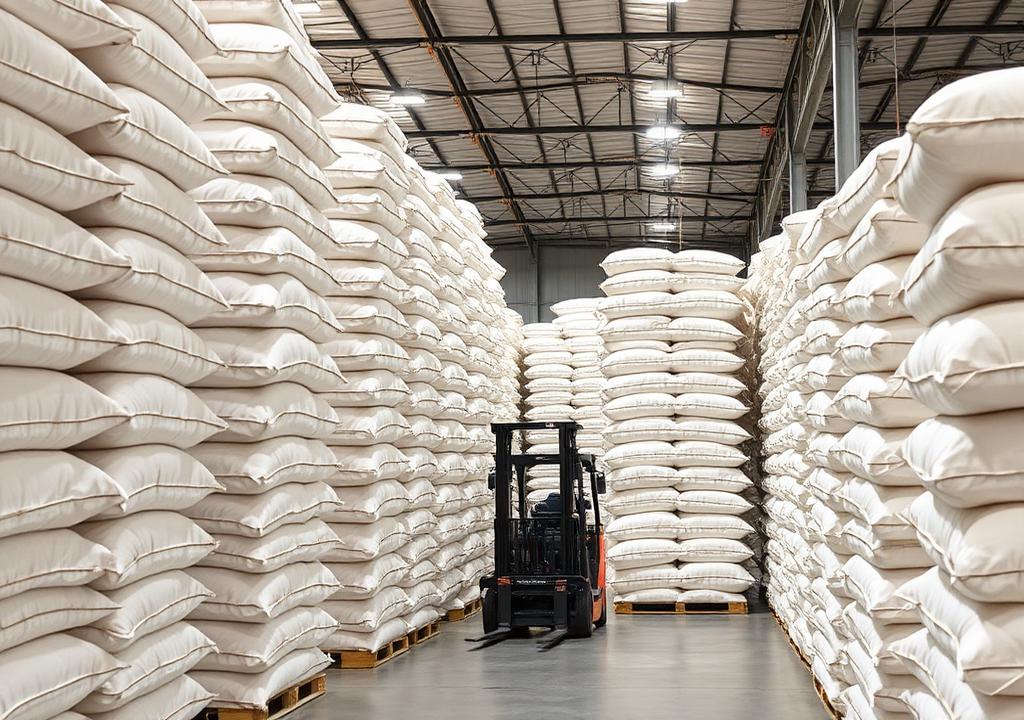 Stacked rice sacks ready for export in a Maharani warehouse