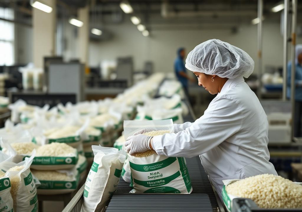 Rice bags being packed on the production line