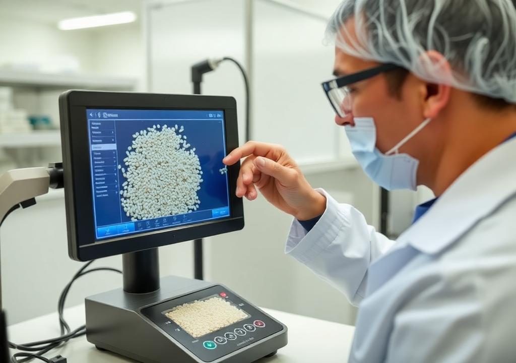 Laboratory technician inspecting basmati rice grains