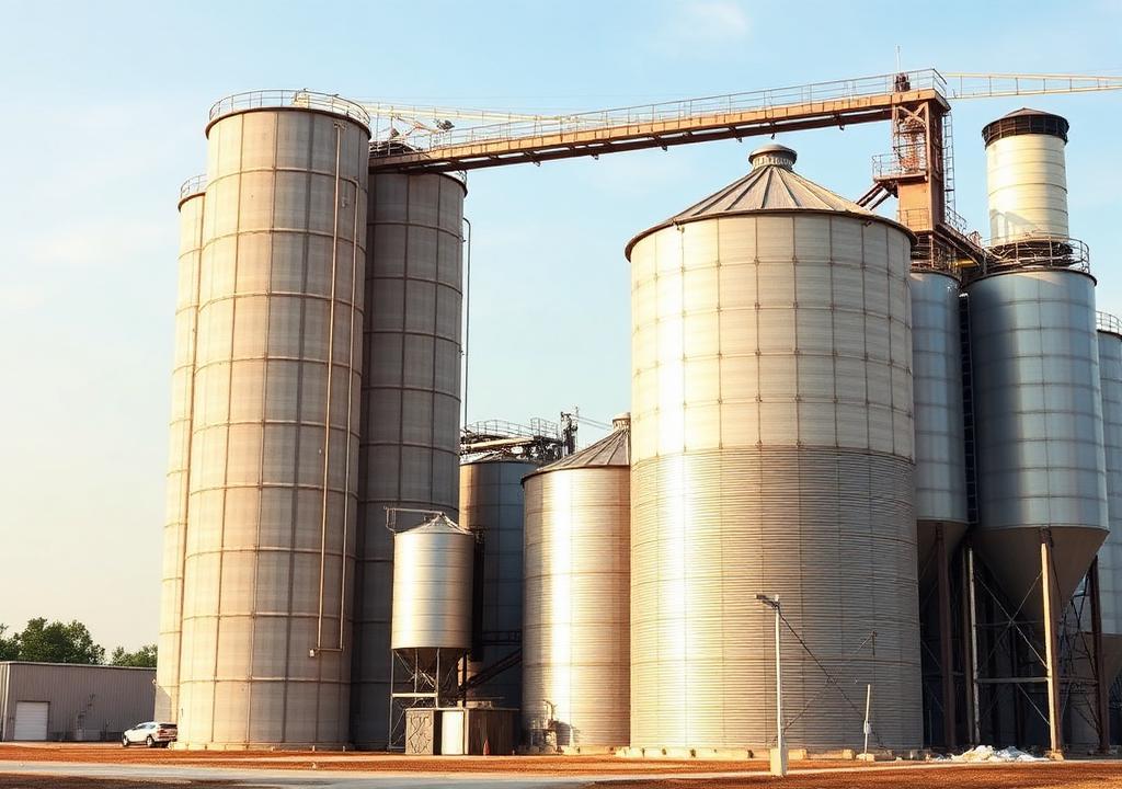 Grain storage silos at the rice processing plant